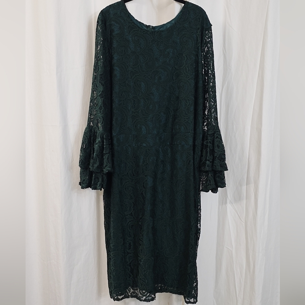 Ashley Stewart 22/24 3X Dark Green Teal Lace Overlay Long Sleeve Midi Dress
